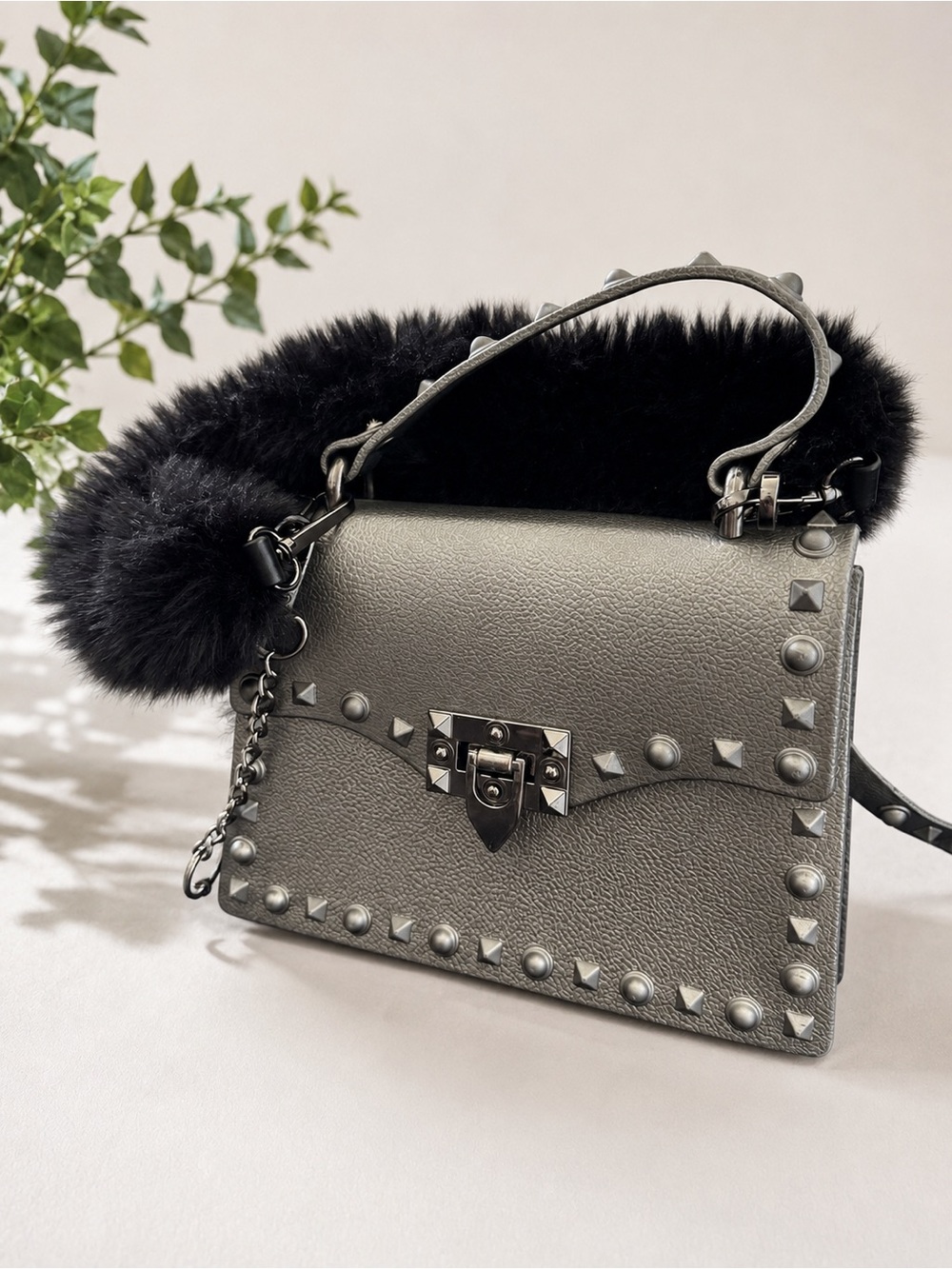 Stud-Embellished Metallic Gray Hard Plastic Bag with Faux Fur Accent Handle